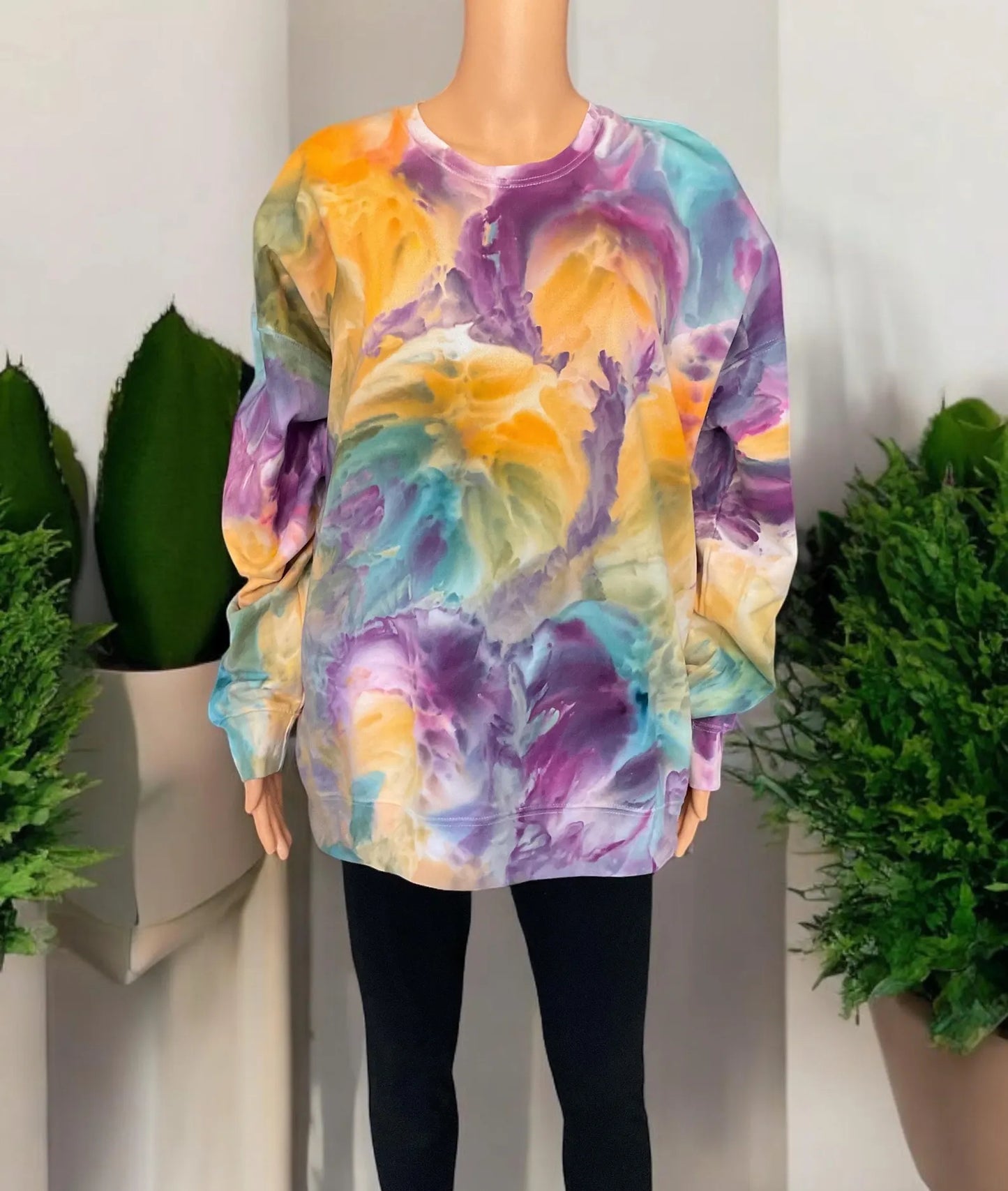 Pink, Purple, Orange, Yellow, Blue and Green Ice Dye Crew Neck Sweatshirt - Size XL