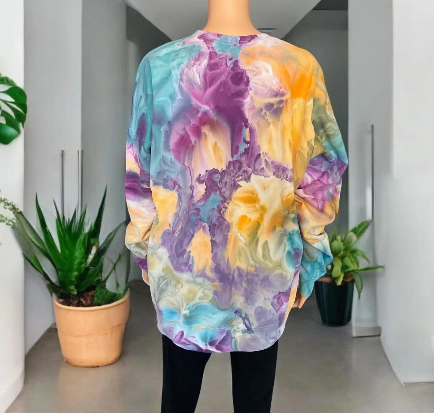 Pink, Purple, Orange, Yellow, Blue and Green Ice Dye Crew Neck Sweatshirt - Size XL