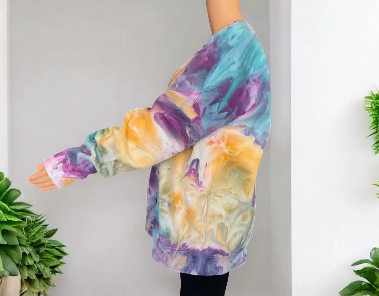 Pink, Purple, Orange, Yellow, Blue and Green Ice Dye Crew Neck Sweatshirt - Size XL