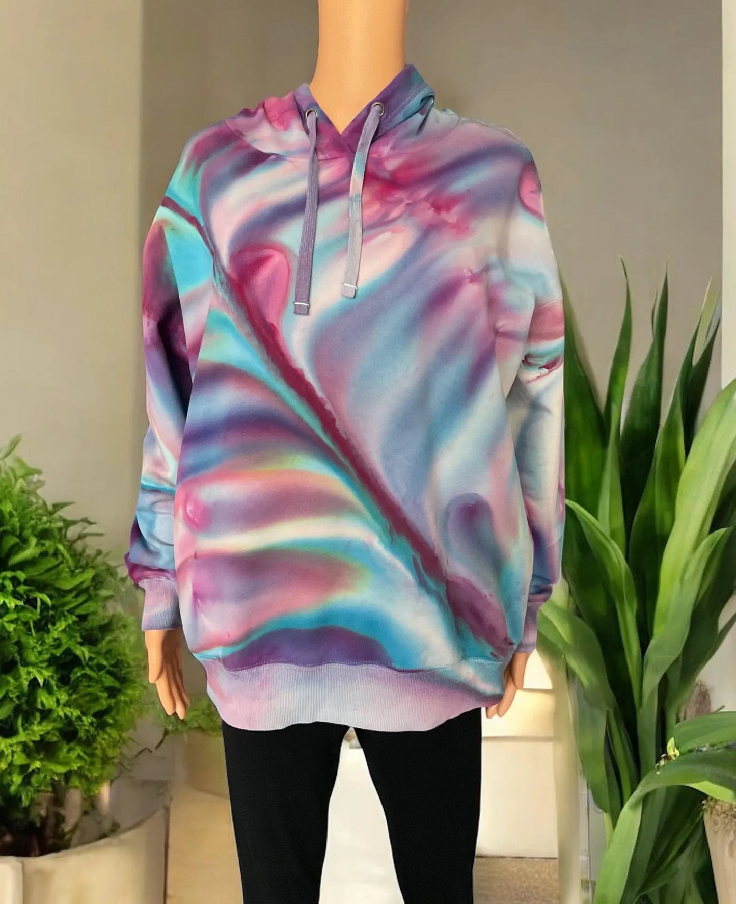 Pink, Purple and Blue Ice Dye Hooded Sweatshirt with Pockets- Size Women’s Large