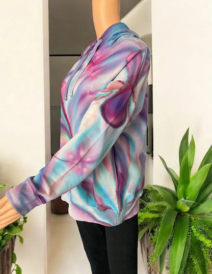 Pink, Purple and Blue Ice Dye Hooded Sweatshirt with Pockets- Size Women’s Large