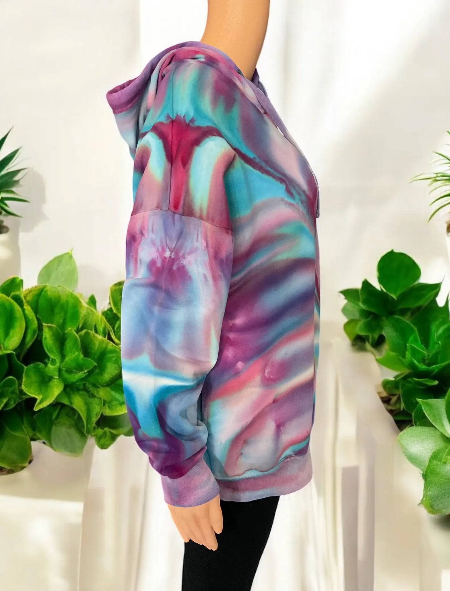 Pink, Purple and Blue Ice Dye Hooded Sweatshirt with Pockets- Size Women’s Large