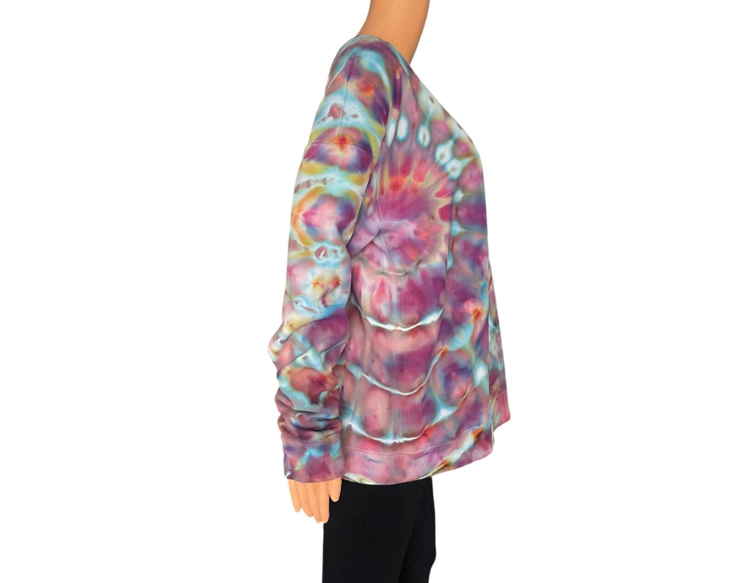 Pink, Purple, Turquoise, Yellow and Orange Ice Dye Crew Neck Sweatshirt - Size Large