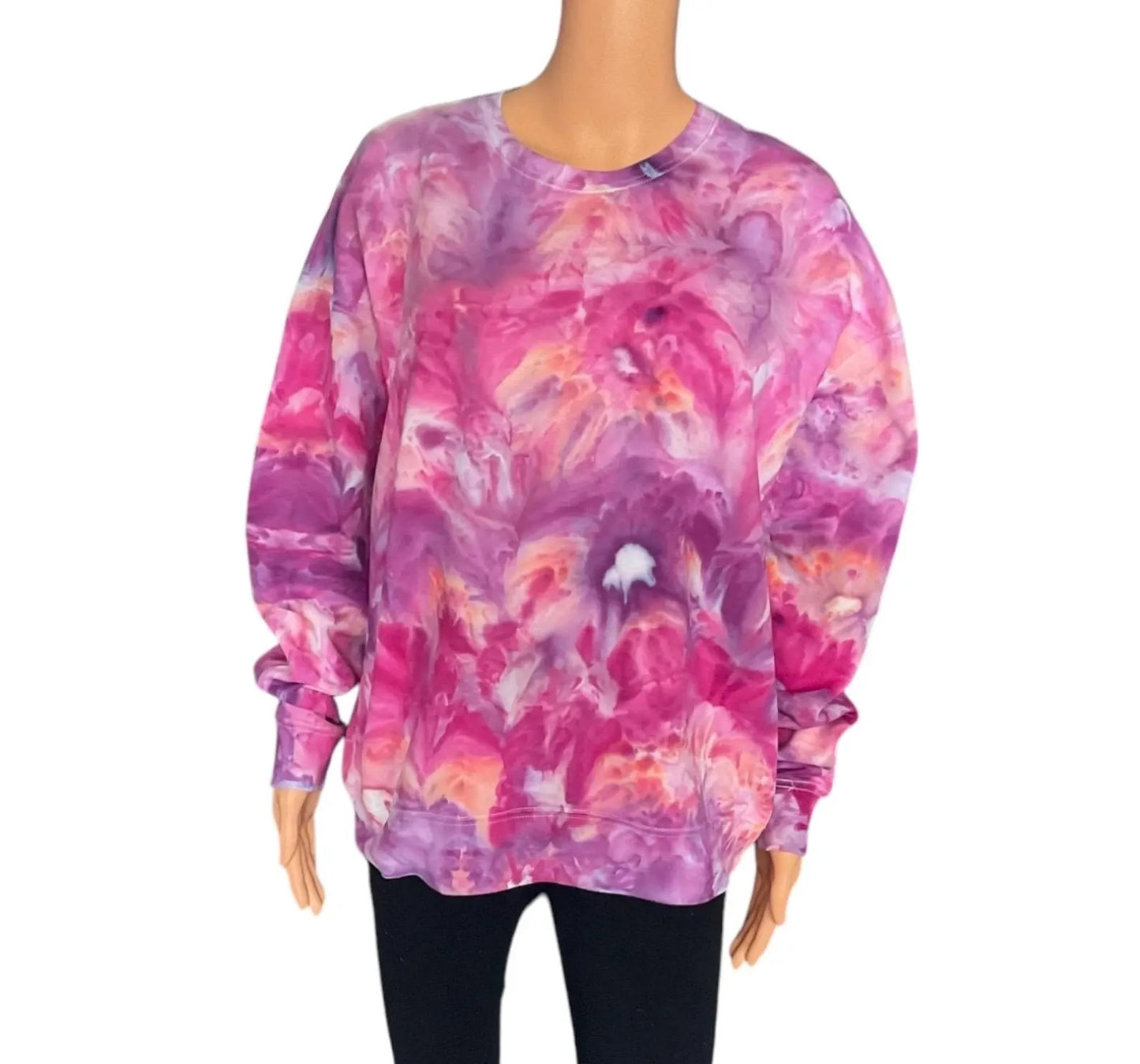 Pink, Purple and Peach Ice Dye Crew Neck Sweatshirt - Size Medium