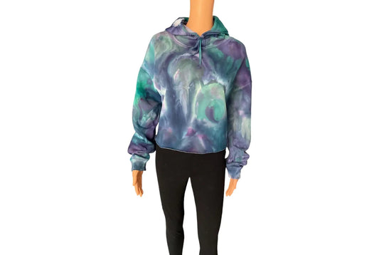 Purple, Blue and Green Ice Dyed Hooded Crop Sweatshirt - Size Women’s Medium