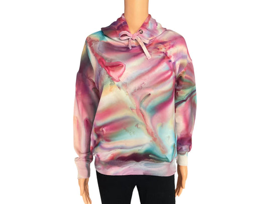 Hand Dyed Ice Dye Pinks,Purples,Blues,Yellows,Oranges and Green Tie Dy Hooded Sweatshirt - Size Women’s XS