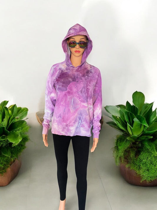 Pink and Purple Ice Dye Hooded Sweatshirt - Size Medium