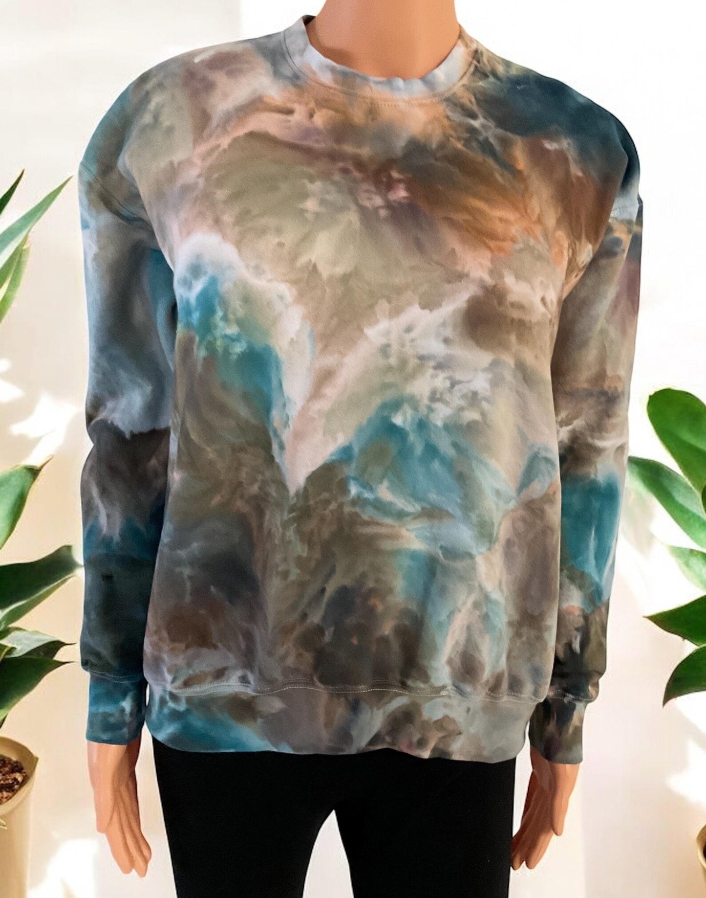 Blue and Brown Ice Dye Crew Neck Sweatshirt - Size Small