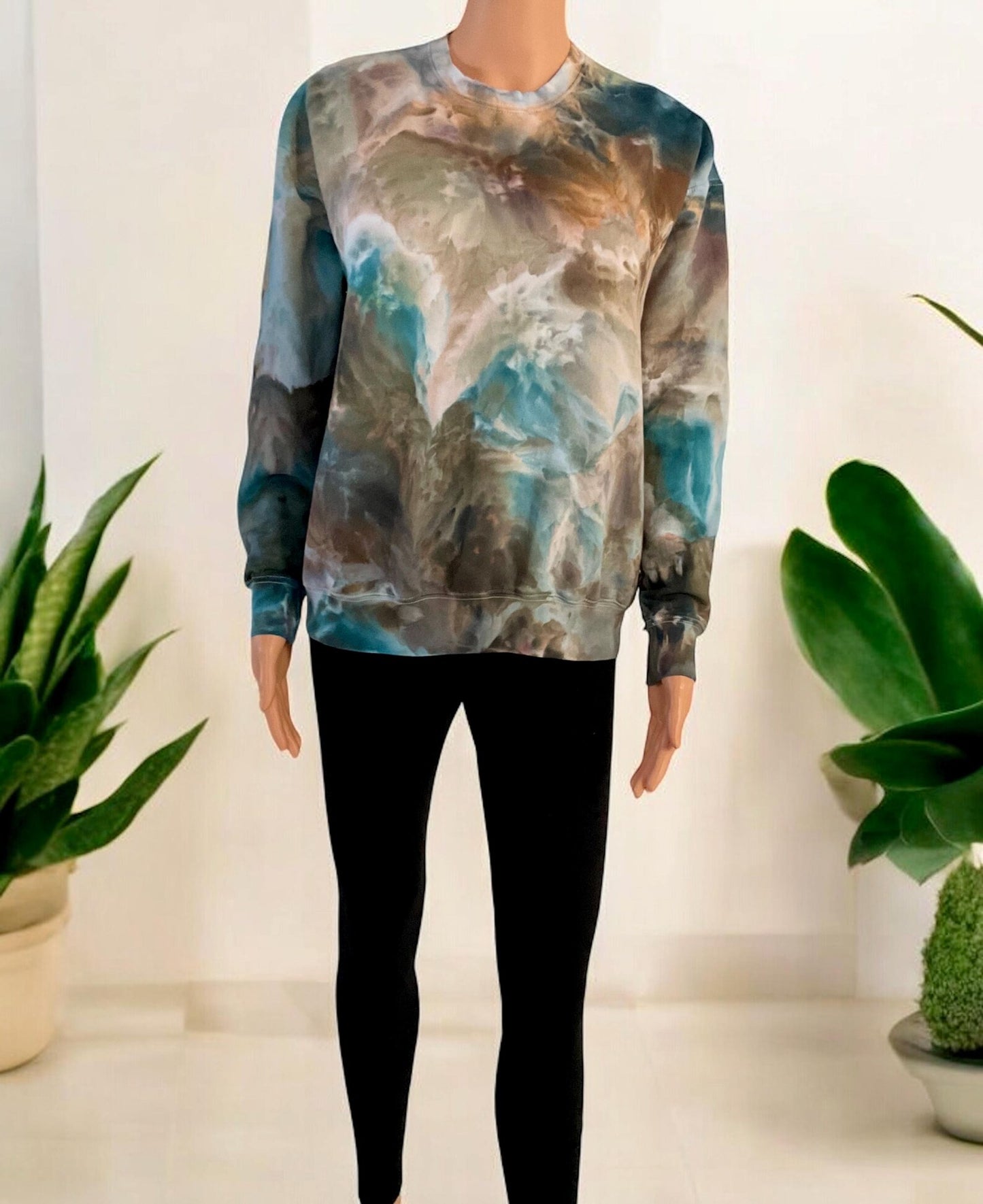 Blue and Brown Ice Dye Crew Neck Sweatshirt - Size Small