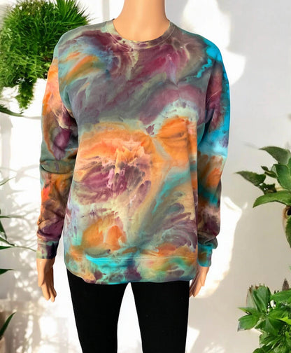 Orange,Purple,Turquoise and Brown Ice Dye Crew Neck Sweatshirt - Extra Small