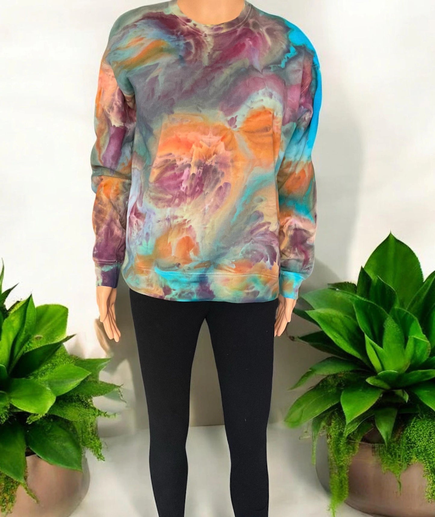 Orange,Purple,Turquoise and Brown Ice Dye Crew Neck Sweatshirt - Extra Small