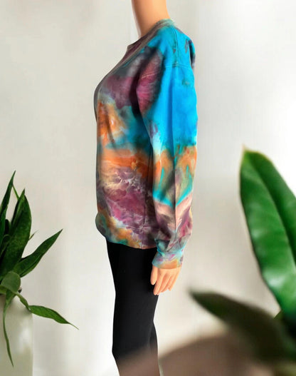 Orange,Purple,Turquoise and Brown Ice Dye Crew Neck Sweatshirt - Extra Small