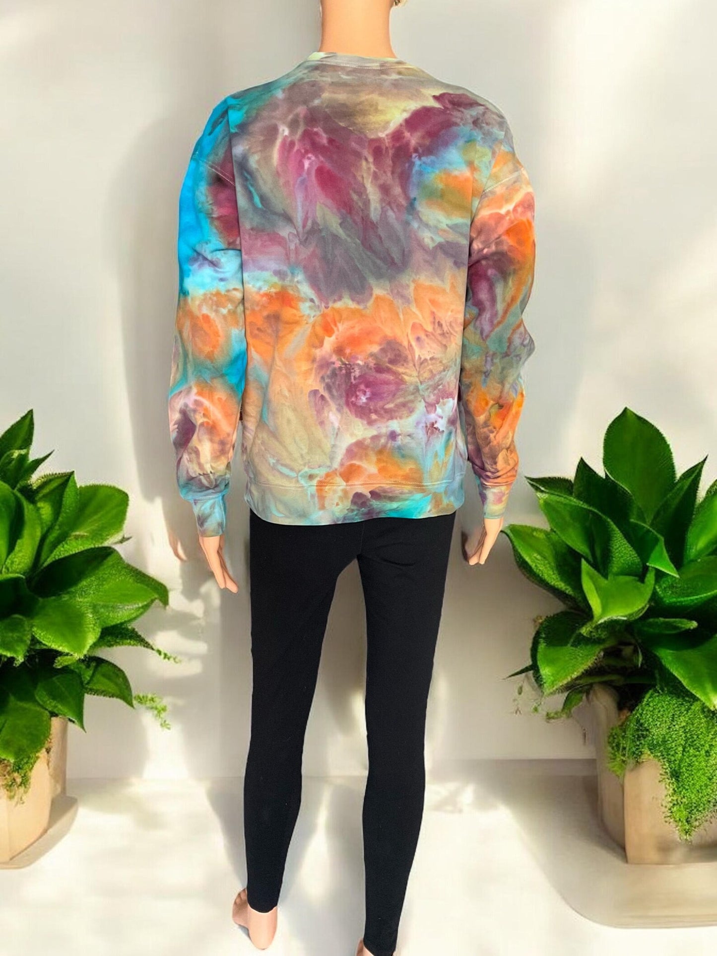 Orange,Purple,Turquoise and Brown Ice Dye Crew Neck Sweatshirt - Extra Small