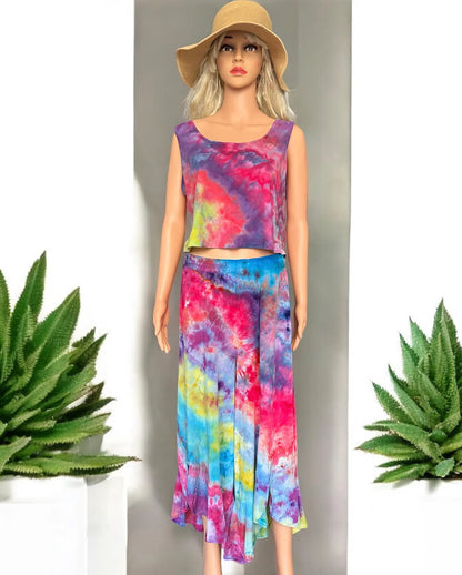 Multi-Colored Ice Dyed Flared Flounced Pants & Crop Top