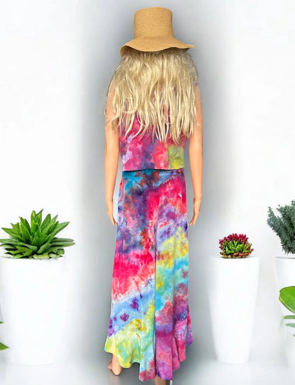 Multi-Colored Ice Dyed Flared Flounced Pants & Crop Top