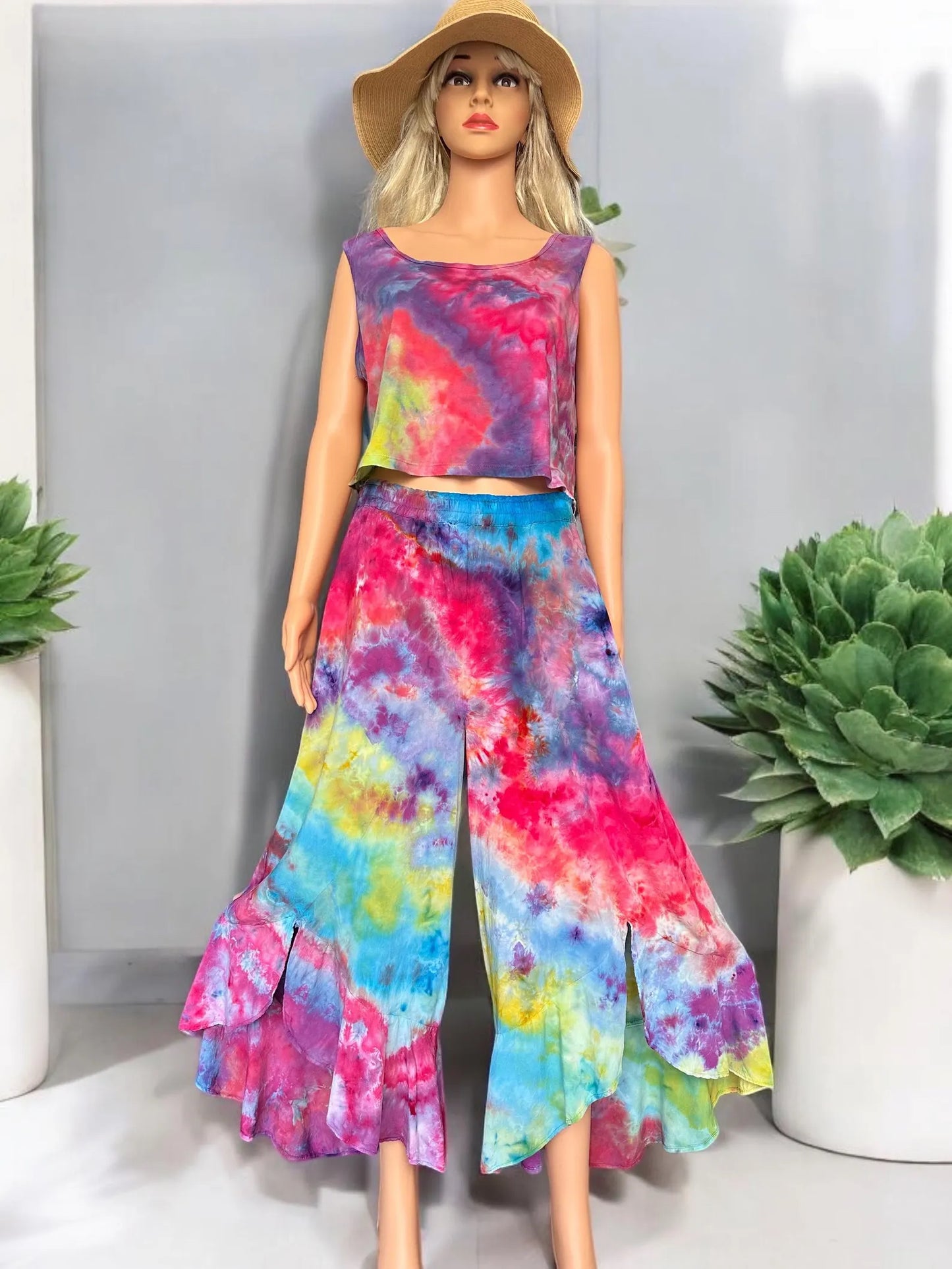 Multi-Colored Ice Dyed Flared Flounced Pants & Crop Top