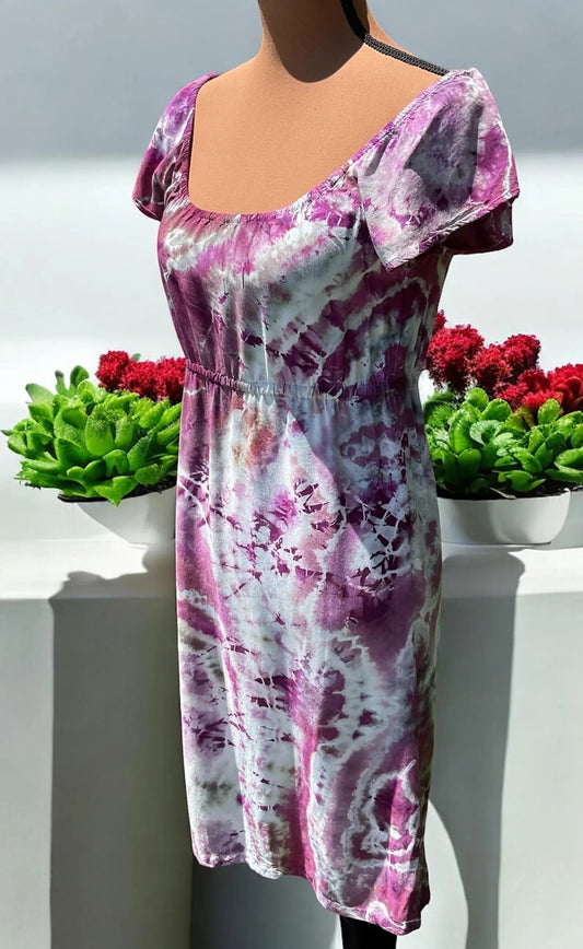 Pink and Purple Ice Dye flutter sleeve summer knee length medium sized dress