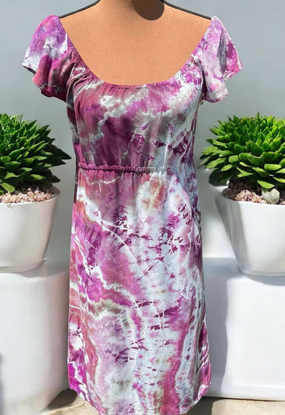 Pink and Purple Ice Dye flutter sleeve summer knee length medium sized dress