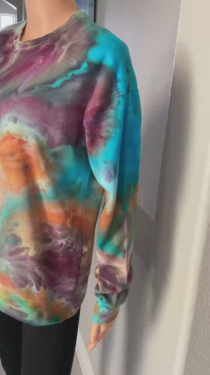 Orange,Purple,Turquoise and Brown Ice Dye Crew Neck Sweatshirt - Extra Small