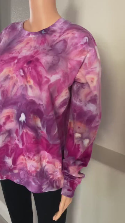 Pink, Purple and Peach Ice Dye Crew Neck Sweatshirt - Size Medium