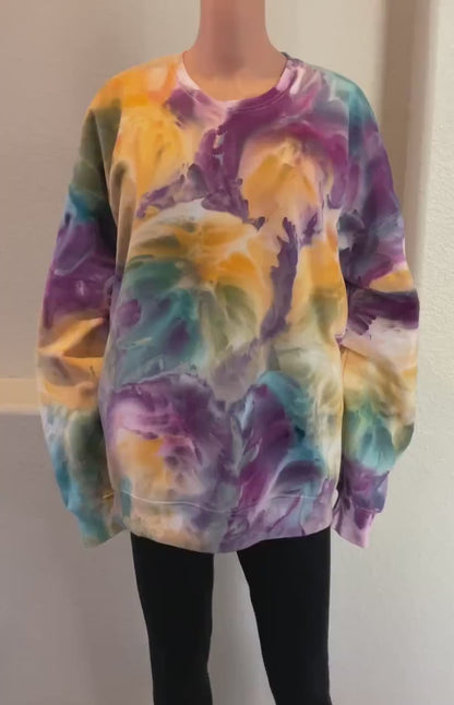 Pink, Purple, Orange, Yellow, Blue and Green Ice Dye Crew Neck Sweatshirt - Size XL